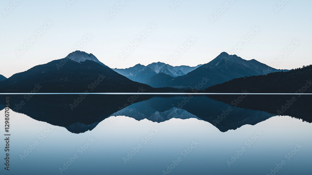 Poster serene mountain range is perfectly reflected in calm water, creating symmetrical landscape