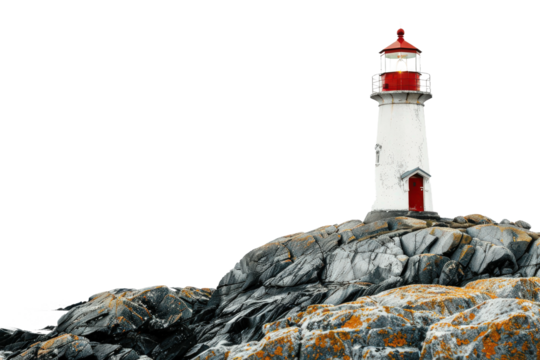 Beacon of Guidance: A classic lighthouse, with its iconic red roof, stands proudly on a rocky coastline, offering a sense of guidance and safety against the elements.