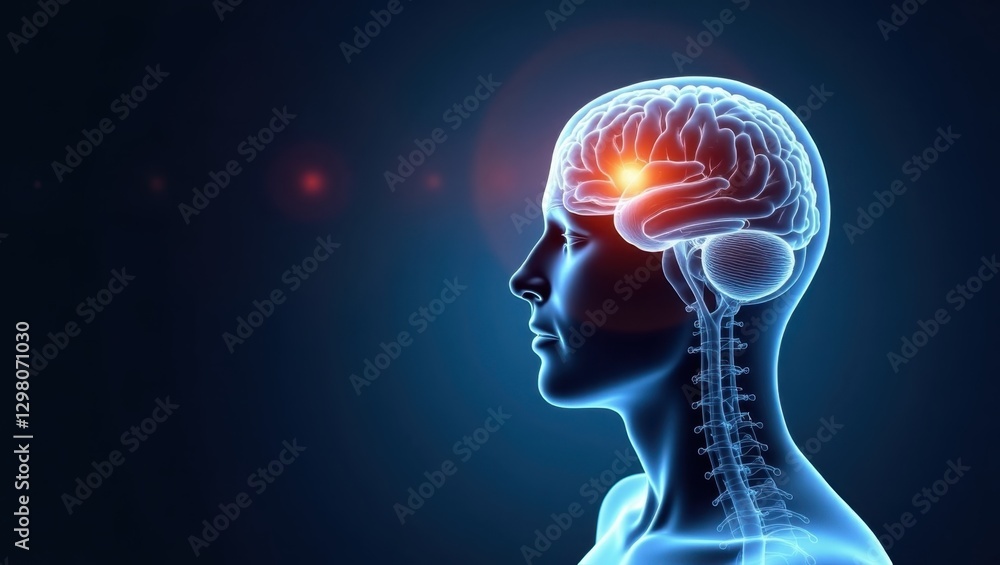 Poster transcranial magnetic stimulation. brain is highlighted in blue image with red light