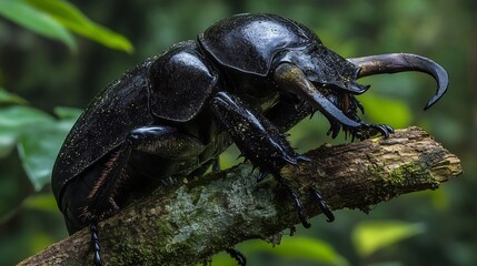 Fototapeta premium Colossal Elephant Beetle gripping a tree branch its thick horned exoskeleton resembling armor deep black sheen contrasting against the jungles rich green foliage