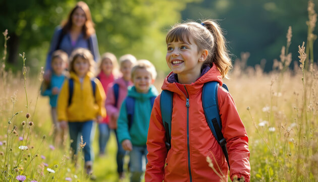 Happy school children with teacher enjoy nature field trip outdoor. Group of students with backpacks walk on meadow. Elementary school pupils explore wild nature, enjoy ecology lesson in park.