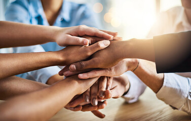Business people, hands together and unity for solidarity, partnership and agreement or office...