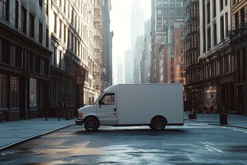 Fototapeta premium White Delivery Van Parked on a City Street