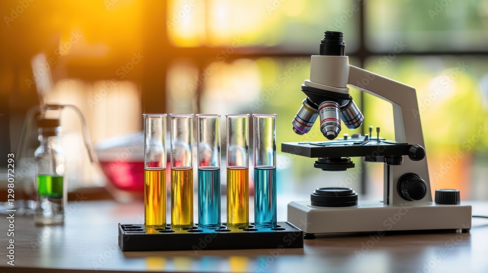Poster microscope and test tubes in a laboratory setting