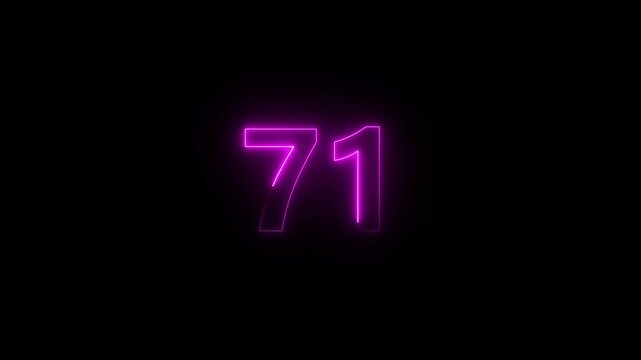 Neon text 71 number icon background. neon glowing countdown number 71 , Number 71 Animation. 71 percentage discount animated.