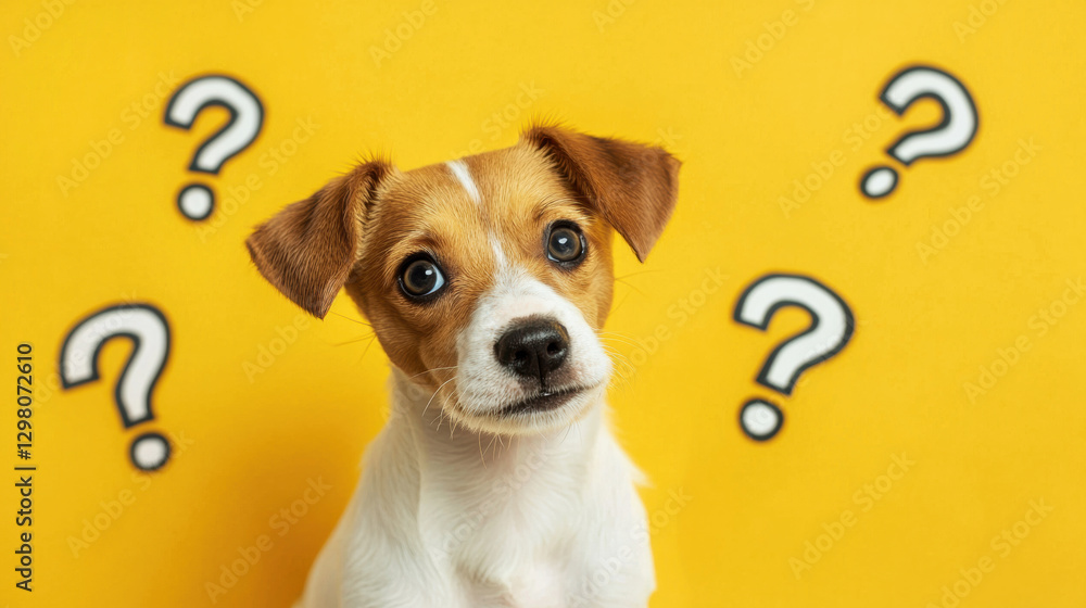 Poster cute confused little dog with question marks against minimalistic background