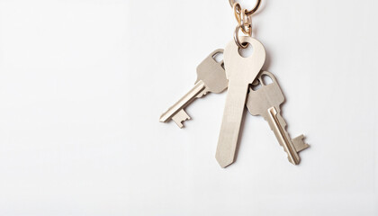 Silver keys with key-shaped keychain on white background, functional, gift, present, accessory, handmade, flashlight, bottle opener, symbol, key making, real estate, real estate agency