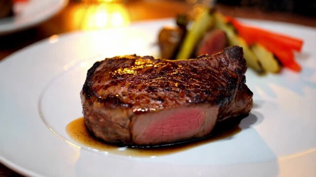 Sizzling tomahawk steak on a plate with sides, soft golden light enhancing the texture
