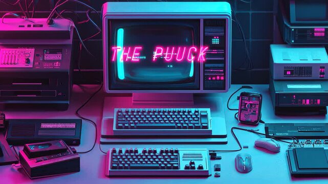 Representation of computer bios with vintage hardware in a neon-lit setup showcasing classic computing technology, Representation of Computer BIOS Basic Input Output v1
