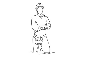Single continuous line drawing young active handyman posing cross arms on chest before work. Professional work job occupation. Home renovation. Dynamic one line draw graphic design vector illustration