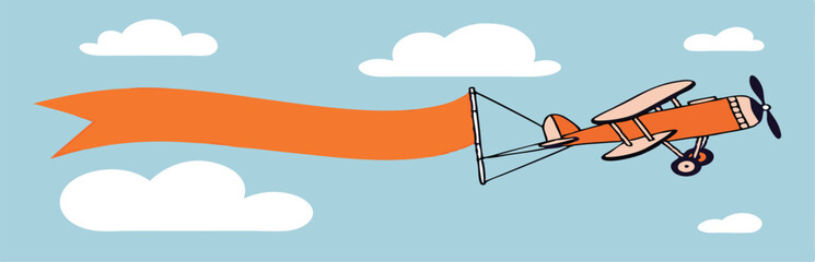 Plane with banner in flat style. Biplane flying with poster. Vector