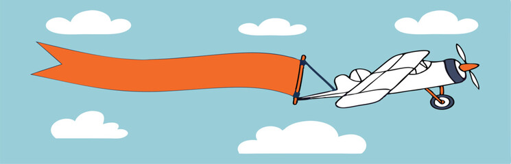 Plane with banner in flat style. Biplane flying with poster. Vector