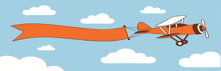Plane with banner in flat style. Biplane flying with poster. Vector © MDMASUD
