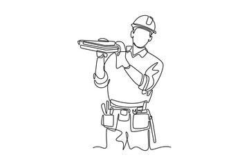Single one line drawing male carpenter in uniform carrying stack of wooden boards. Building construction worker or home decor services. Modern continuous line draw design graphic vector illustration