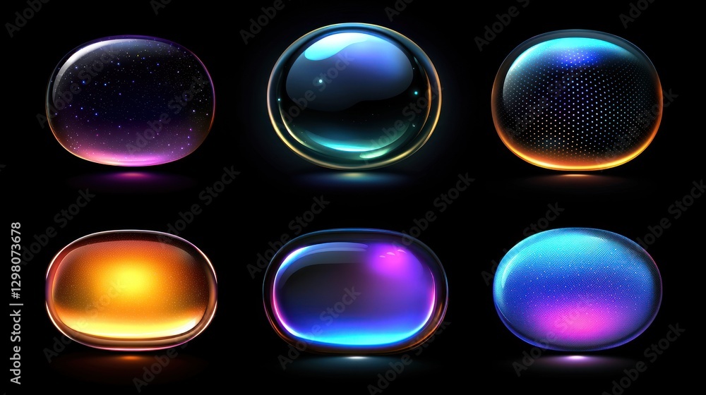 Poster glowing orb collection: abstract neon buttons, shiny digital spheres, futuristic ui elements