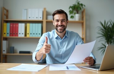 Naklejka premium Happy businessman smiles, gives thumbs up. Auditor holds report at desk with laptop in office. Successful manager shows approval, business, accountant reconcile financial report. Broker consults