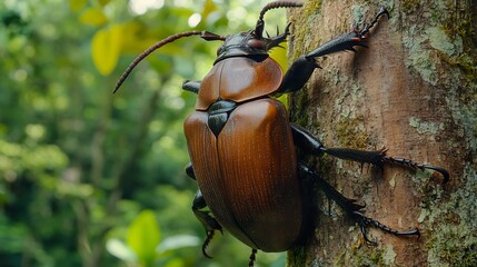 Colossal Titan Beetle clinging to a tree its massive armored body exuding power long antennae stretching forward deep brown exoskeleton reflecting jungle light