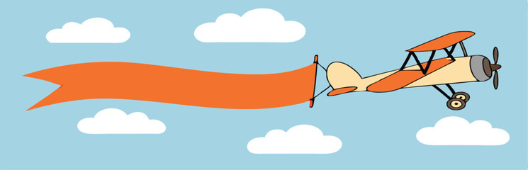 Plane with banner in flat style. Biplane flying with poster. Vector