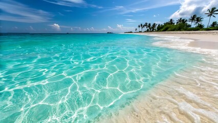 A beautiful tropical beach with turquoise water, clear blue sky, and gentle waves, creating a perfect vacation paradise on a sunny summer day