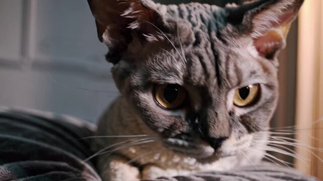 close-up of a Devon Rex cat with distinctive curly fur, and large golden eyes