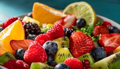 Obraz premium Close-up fresh fruit salad: vibrant berries, citrus, light reflection. Healthy & appetizing. Ideal for food blogs & vibrant recipe visuals