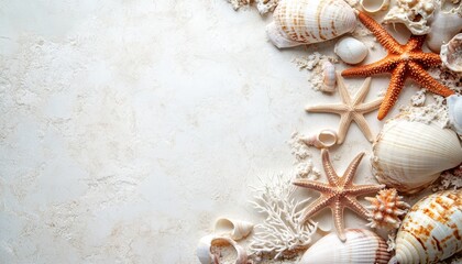 Obraz premium sea coral, shells and starfish, sand background with copyspace