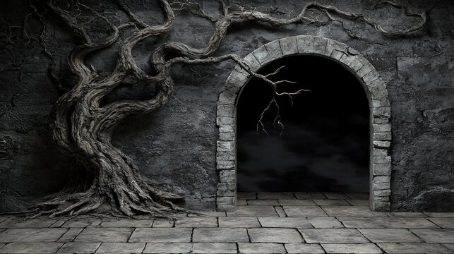 Dark Stone Archway with Twisted Bare Tree and Gloomy Atmosphere - Powered by Adobe