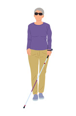 Fototapeta premium Disabled female character vector illustration isolated on white background. Blind Attractive woman walking with stick. Senior Lady wearing smart casual clothes, sunglasses. Inclusive business concept.