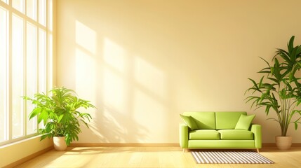 Sunny Living Room Interior Design with Green Sofa and Plants