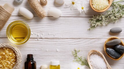 Spa essentials: massage stones, oils, and sea salt, embodying relaxation and natural wellness.