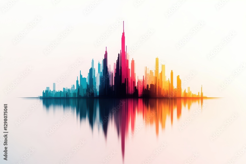 Poster abstract skyline with colorful reflection in calm waters during sunset hours