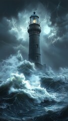 stormy seas with a long lighthouse , a beacon of guidance and resilience, embodying steadfast leadership