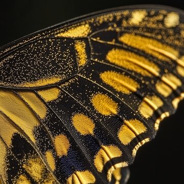 A high-definition macro capture of a swallowtail butterfly, revealing the striking patterns of its yellow and black wings Detailed butterfly wing close-up
