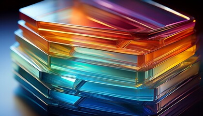 Close-up thin colored glass layers: light passing through, vibrant hues.  Textured & luminous. Ideal for abstract backgrounds & colorful design overlays.

