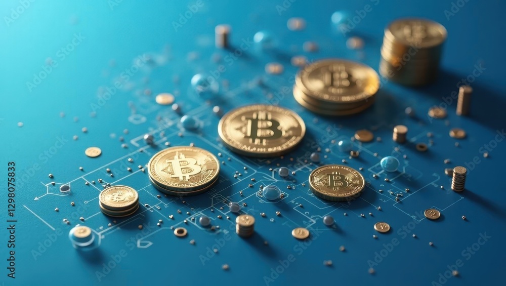 Poster asset tokenization. coins are on electronic board with many small bits