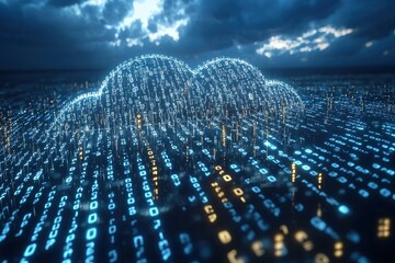 Digital cloud of binary data on a futuristic blue background