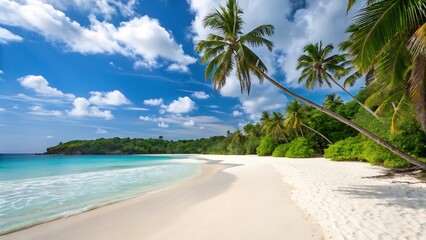 Fototapeta premium Tropical beach with palm and coconut trees by the ocean, featuring clear blue water, soft sand, and a sunny sky, perfect for a paradise vacation getaway