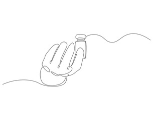 Obraz premium Continuous line drawing of hand holding vial bottle. Single line illustration of vial hold by hand. Virus protection concept. Editable outline