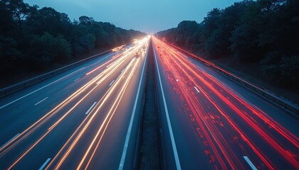 Cars drive on highway at night with digital binary overlay. Motion blur light trails indicate speed, technology. Data flow, modern transport infrastructure, dynamic urban nightscape. Futuristic