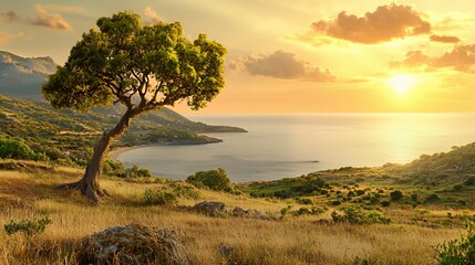 Obraz premium Solitary Tree on Hillside Overlooking Golden Hour Ocean Sunset