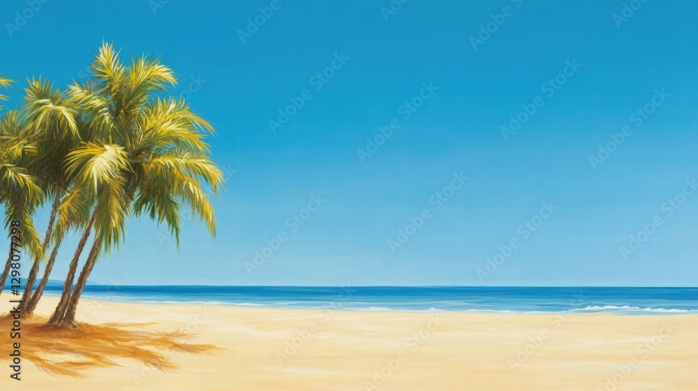 Leinwandbilder Serene beach landscape with palm trees under a clear blue sky and gentle waves lapping at the shore. Generative AI