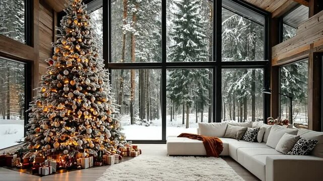 Cozy living room decorated for Christmas with a snowy forest view through large windows in a modern cabin