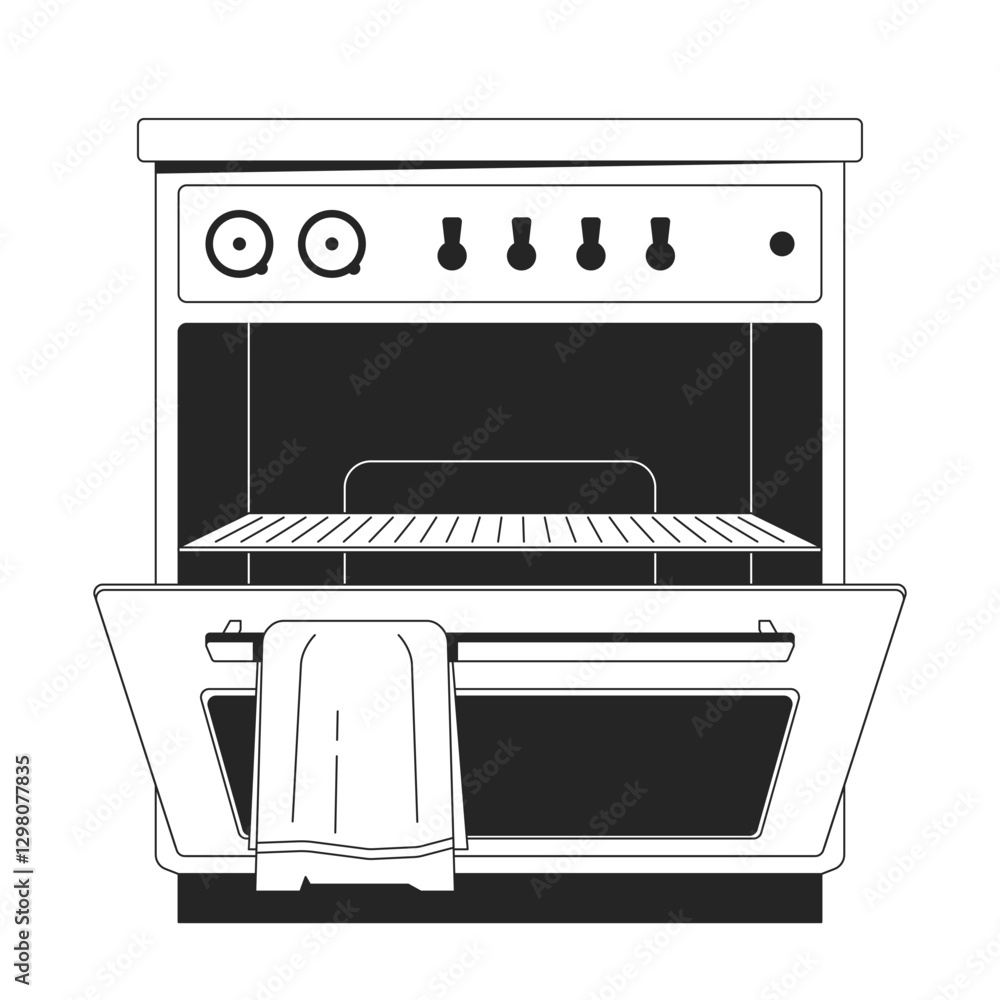 Poster oven with open door, empty rack black and white 2d line object. kitchen towel hangs from handle appl