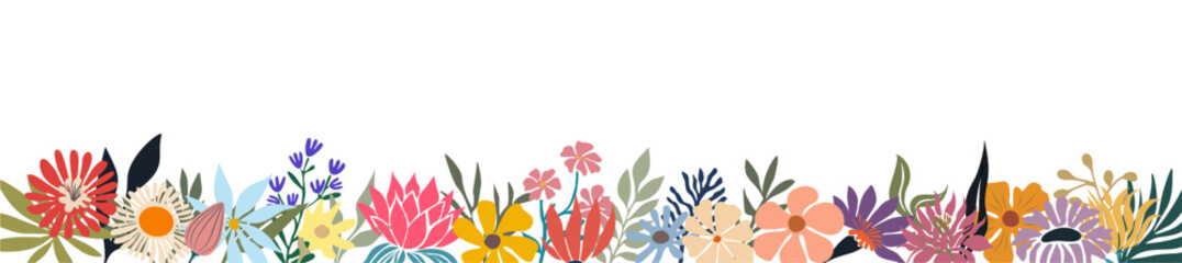 Horizontal floral banner, border, backdrop, overlay decorated with gorgeous multicolored blooming flowers and leaves. Summer botanical flat vector illustration isolated on white background.