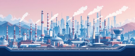 Industrial Cityscape with Factories and Smokestacks Against a Mountainous Backdrop at Sunset