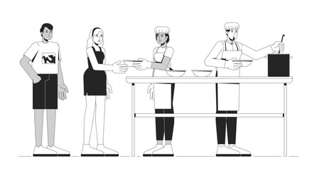 Soup kitchen volunteers serving meals outline illustration. Food donation. Community service. Homeless shelter, feeding people 2D line characters isolated on white. Monochrome vector ink linear image