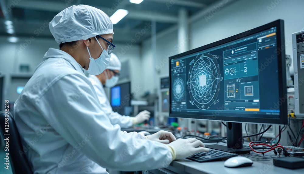 Poster technicians in cleanroom work on computer. microchip manufacturing equipment. sophisticated tech, na