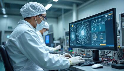 Technicians in cleanroom work on computer. Microchip manufacturing equipment. Sophisticated tech, nanotechnology, photolithography. Scientists analyze schematics on screen, control sophisticated