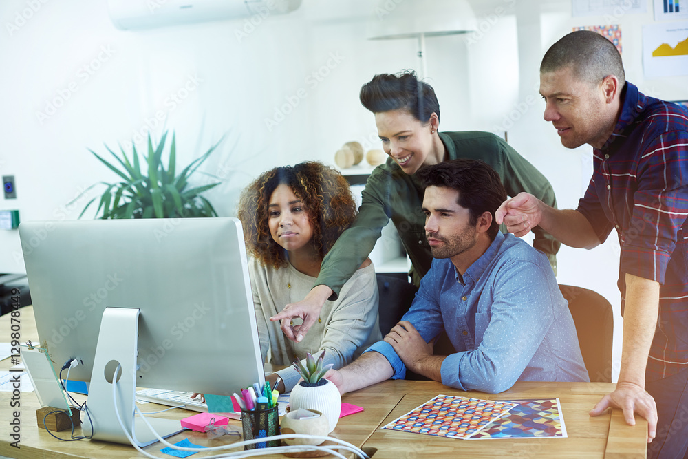 Poster Collaboration, computer and pointing with web designer people in office for planning or project management. Creative, smile and teamwork with employee group in workplace together for discussion