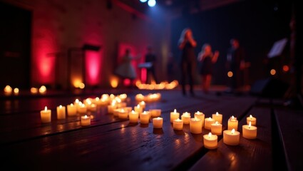 Candlelight Concert. Soft glowing candles with warm flickering lights on wooden floor, blurred musicians performing live concert, romantic ambiance, cozy intimate celebration, evening event backgroun
